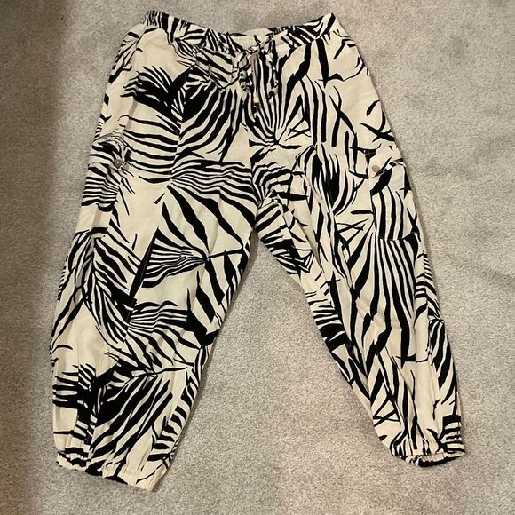 Rachel Zoe Plus Linen Blend Drawstring Cargo Joggers Size 1X Black/Khaki - Picture 8 of 11